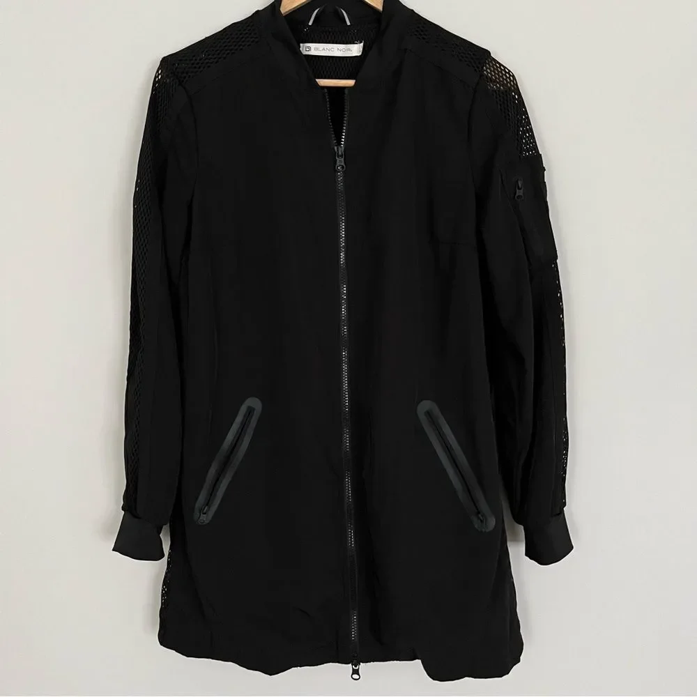 Blank Noir Mesh Panel Long Nylon Bomber Style Jacket in Black, Size S